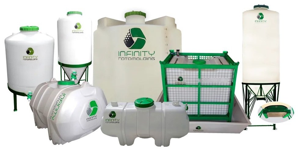 Línea de tanques Infinity Rotomolding: fondo plano, fermentador cónico, horizontales, IBC con jaula, batea y silo cónico